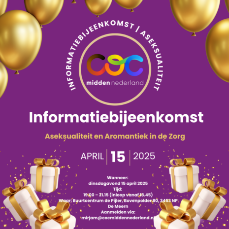 Programma 15 april 2025 Informatiebijeenkomst Aseksualiteit en Aromantiek bij COC Midden-Nederland