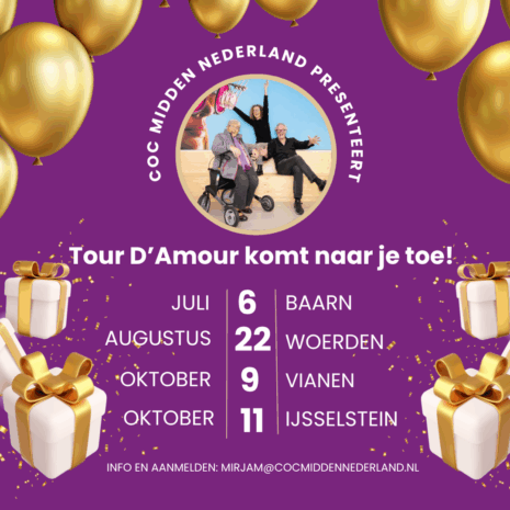 Flyer voorkant regio tour damour 2025 all 1 bij COC Midden-Nederland