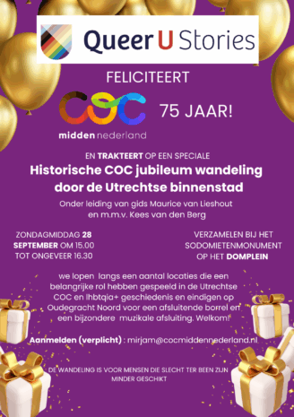 Jubileum regenboogwandeling 28 september bij COC Midden-Nederland